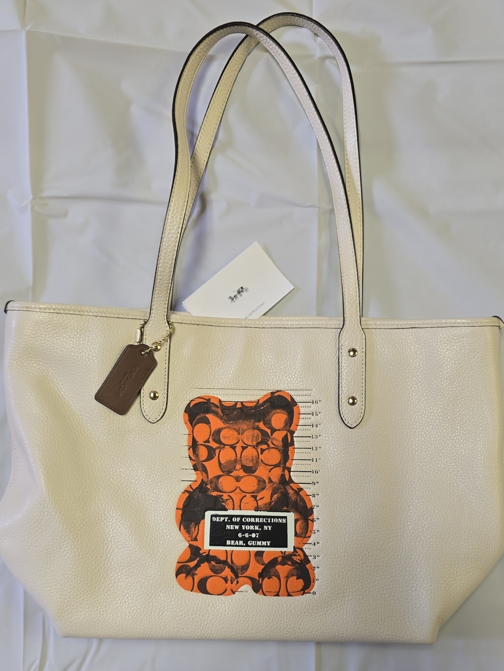 Coach Cream Leather Tote with Orange Gummy Bear Print